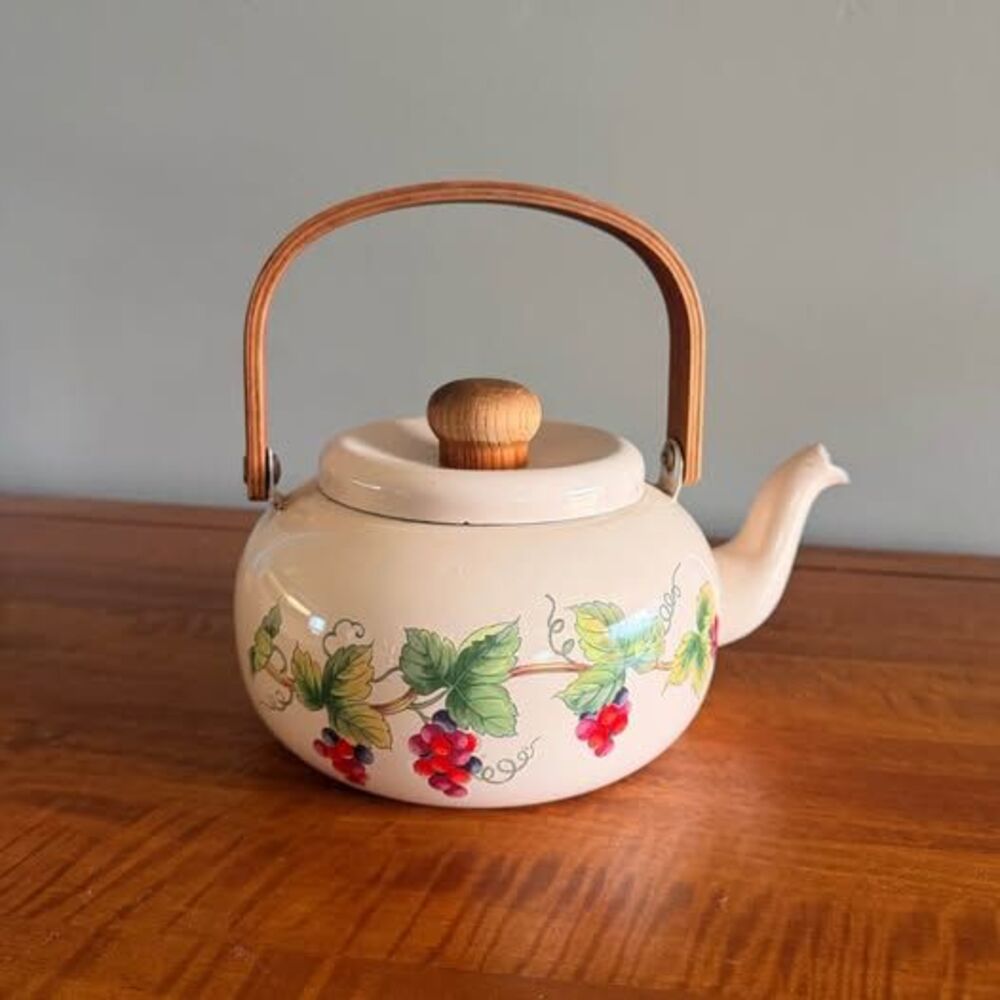 Vintage Enamel Grape Motif Tea Kettle
